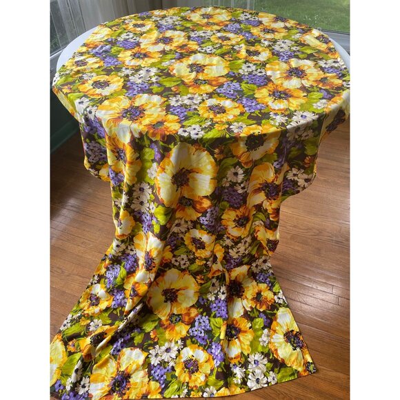 Vintage 80s pleated curtain, large yellow, green and purple flower, single panel - Picture 3 of 10